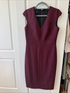 Judith & Charles Burgundy V-Neck Midi Sheath Dress